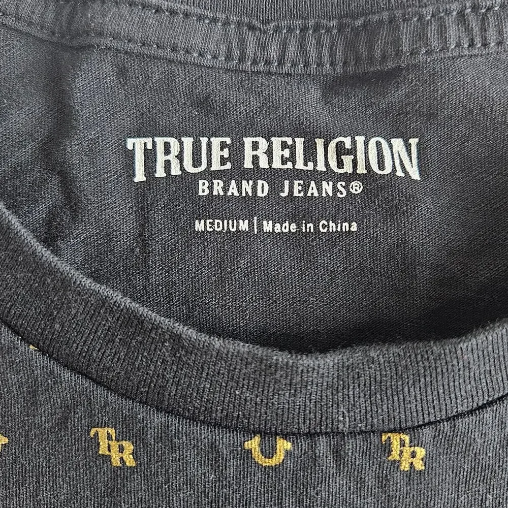 True Religion Men's All Over Monogram Tee T-Shirt Black and Gold Size Medium